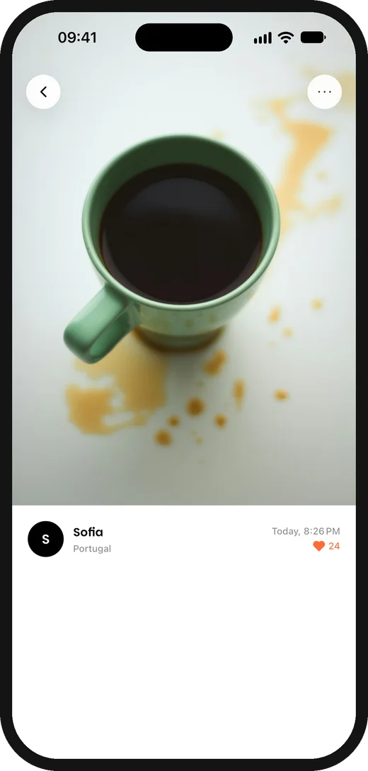 A coffee fail photo with its author, country and likes
