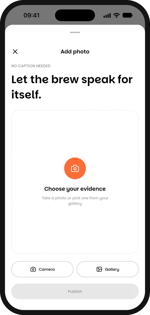 Adding a photo: camera or gallery, then publish
